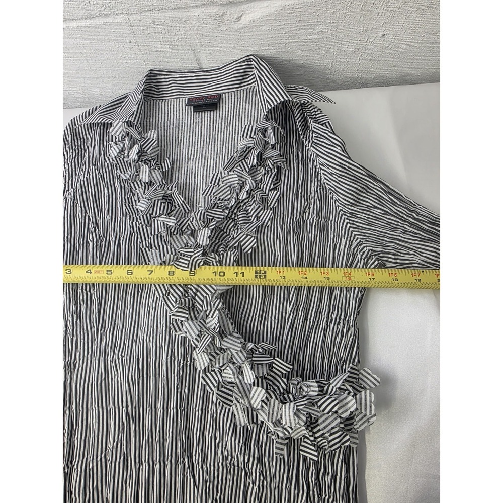 Heavy Red Ruffle Crinkle Blouse Bell Sleeve Button Up Y2K 90s Striped Sz‎ L USA - Picture 8 of 11